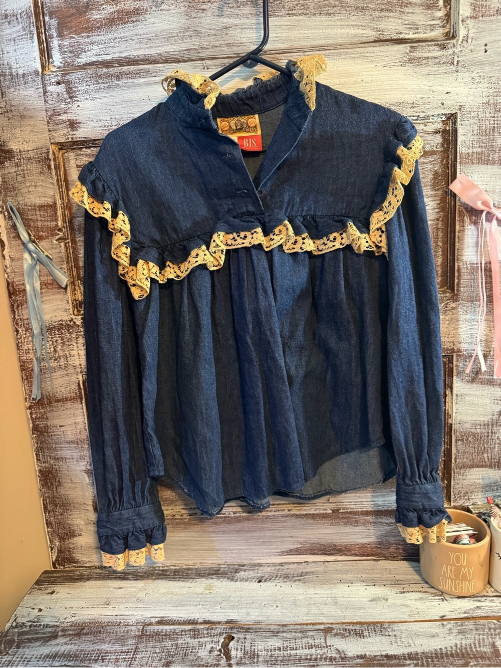 BIS Indigo Denim Blouse with Cream Lace Ruffle Trim